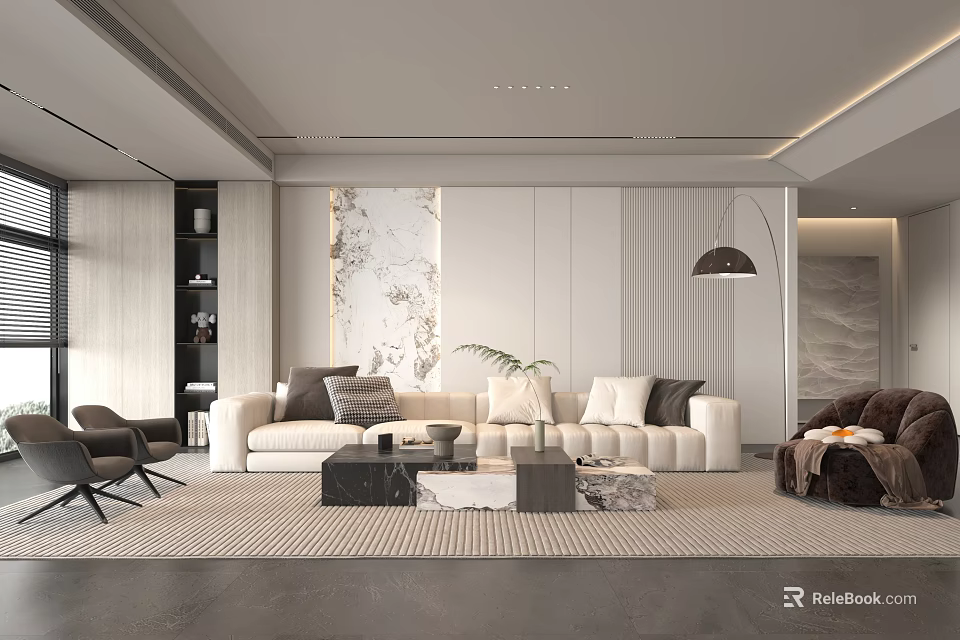 Modern Minimalist Living Room With White Sofa Black Coffee Table And Marble Wall Art 3d model 
