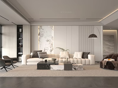 Modern Minimalist Living Room With White Sofa Black Coffee Table And Marble Wall Art 3d model