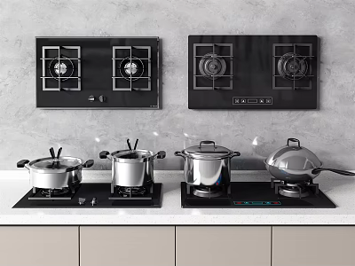 Modern Kitchen Countertop With Gas Stoves Cooktops And Cooking Pots Pans Appliances 3d model