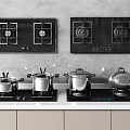 Modern Kitchen Countertop With Gas Stoves Cooktops And Cooking Pots Pans Appliances
