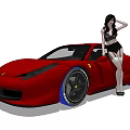 Woman In Black Bikini Leaning Against Red Convertible Sports Car With Blue Rims