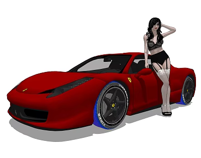 Woman In Black Bikini Leaning Against Red Convertible Sports Car With Blue Rims 3d model