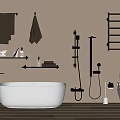 Contemporary Bathroom Ensemble Featuring White Bathtub Black Shower Toilet And Towel Shelves