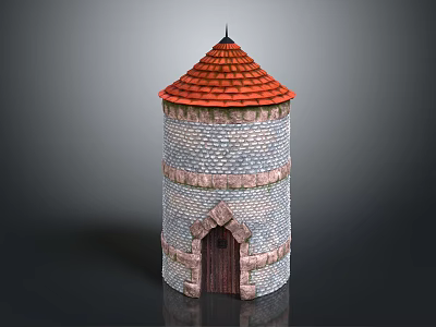 Medieval Stone Tower With Red Tiled Roof And Arched Wooden Door 3d model