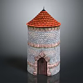 Medieval Stone Tower With Red Tiled Roof And Arched Wooden Door