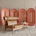 Red Screen with Circular Hollow Design and Brown Leather Sofa Wooden Frame Gray Carpet