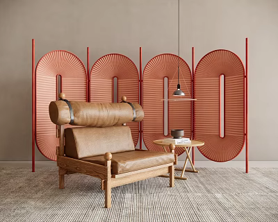 Red Screen with Circular Hollow Design and Brown Leather Sofa Wooden Frame Gray Carpet 3d model