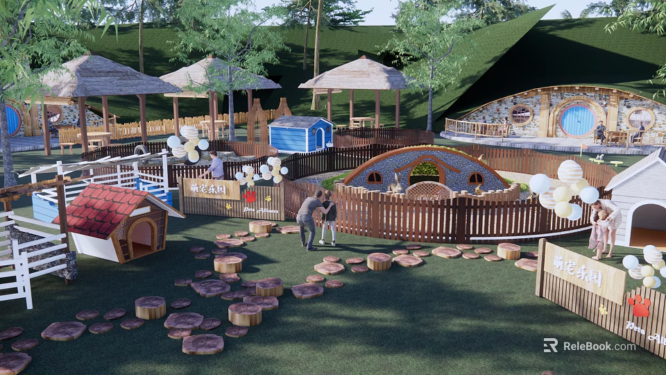 Fun Children's Play Area Design With Log Stepping Stones Wooden Fence And Small Houses 3d model 