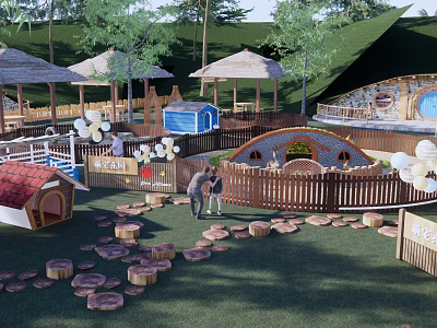 Fun Children's Play Area Design With Log Stepping Stones Wooden Fence And Small Houses 3d model