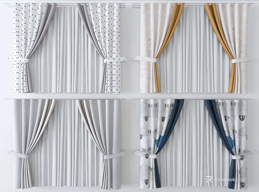 Various Stylish Curtain Designs With Patterned And Solid Colors And Decorative Ties 3d model 