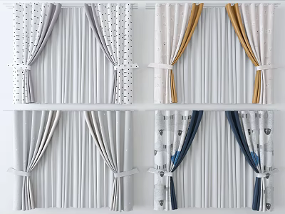 Various Stylish Curtain Designs With Patterned And Solid Colors And Decorative Ties 3d model