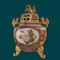 Traditional Ornament Decor Set With Lion Lid Dragon Handles Floral Bird Motif Golden Legged Design