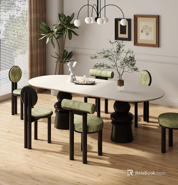 Modern Oval White Dining Table Set With Green Upholstered Chairs And Black Legs 3d model 