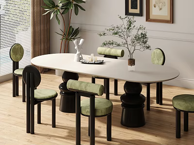 Modern Oval White Dining Table Set With Green Upholstered Chairs And Black Legs 3d model
