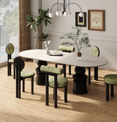 Modern Oval White Dining Table Set With Green Upholstered Chairs And Black Legs 3d model