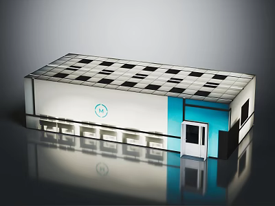 Playful Cartoon Building Model With White Body Blue Accents Black Square Roof And Front Logo 3d model