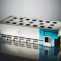 Playful Cartoon Building Model With White Body Blue Accents Black Square Roof And Front Logo