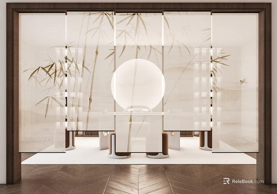 Minimalist Interior With Bamboo Roman Shades And Round Lamp 3d model 