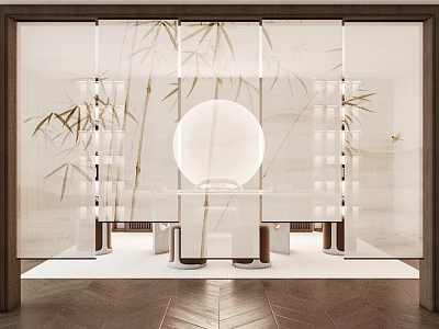 Minimalist Interior With Bamboo Roman Shades And Round Lamp 3d model