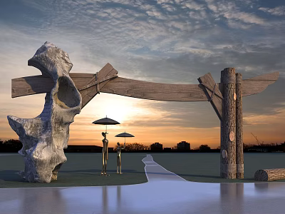 Natural Wooden Stone Entrance Gate at Sunset with People Umbrellas Reflective Water 3d model