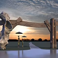 Natural Wooden Stone Entrance Gate at Sunset with People Umbrellas Reflective Water