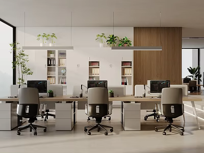 Modern Office Interior Design With Open Layout Work Desks Computers Hanging Plants And Bookshelves 3d model