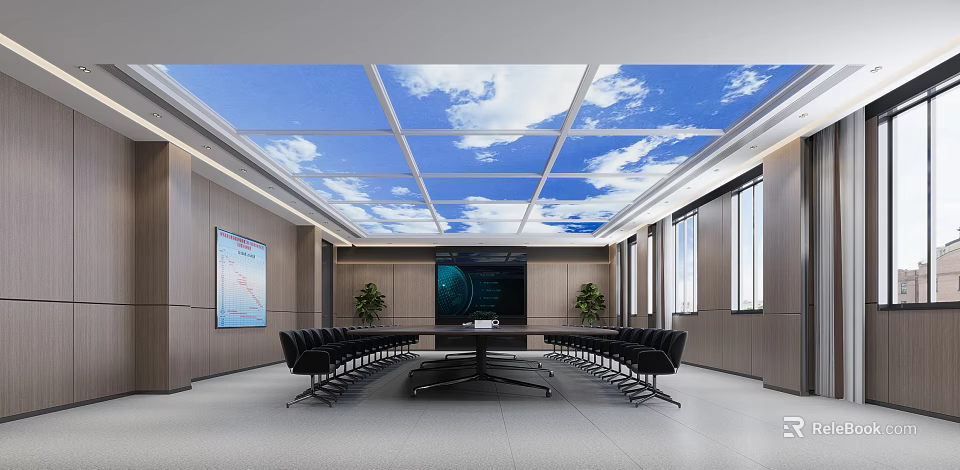 Spacious Conference Room With Sky Ceiling Long Table Black Chairs Green Plants And Large Screen 3d model 