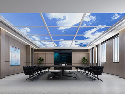 Spacious Conference Room With Sky Ceiling Long Table Black Chairs Green Plants And Large Screen 3d model