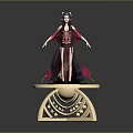 Long Haired Female Character in Red Black Traditional Costume Standing on Carved Wooden Table