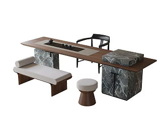 Modern Tea Table and Chair Combination Tea Table Stool Bench Tea Set 3d model