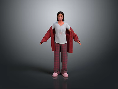 Woman In Red Coat White T-shirt Plaid Pants Pink Slippers Standing Arms Outstretched Gray Background 3d model