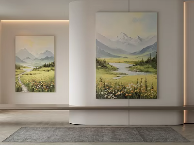 Scenic Landscape Painting Featuring Majestic Mountains Green Grassland And Flowing River With Wildflowers 3d model