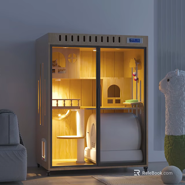 Wooden Cat Condo With Glass Doors Interior Lighting Climbing Shelf Cat Bed And Litter Box 3d model 