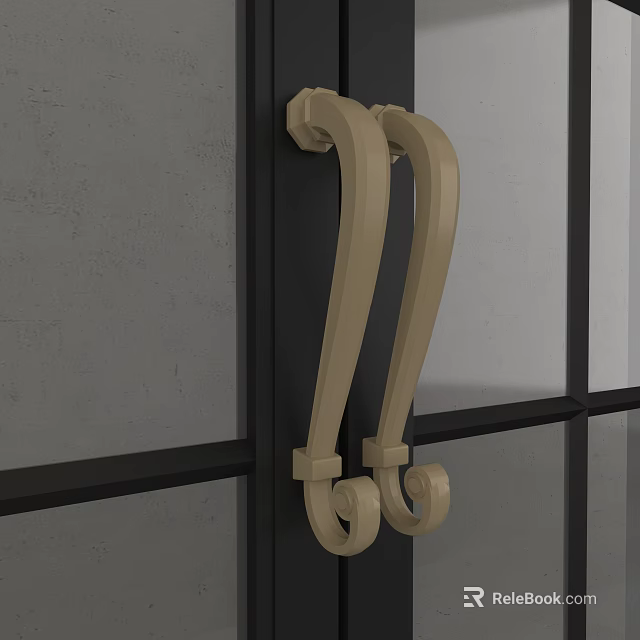 Beige Curved Decorative Door Handles Mounted On Dark Door With Gray Wall Background 3d model 