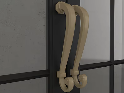 Beige Curved Decorative Door Handles Mounted On Dark Door With Gray Wall Background 3d model