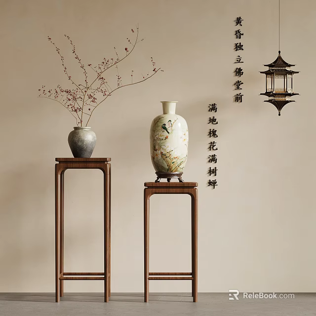 Traditional Decorative Vases With Blossom Branches On Wooden Stands For Home Decoration 3d model 