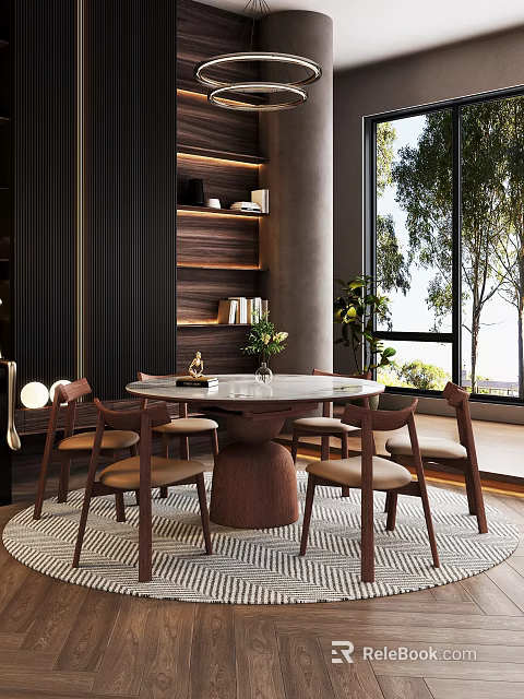 Modern Restaurant Interior With Round Marble Table Wooden Chairs And Large Windows 3d model 