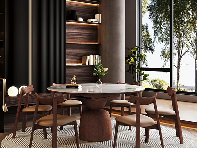 Modern Restaurant Interior With Round Marble Table Wooden Chairs And Large Windows 3d model