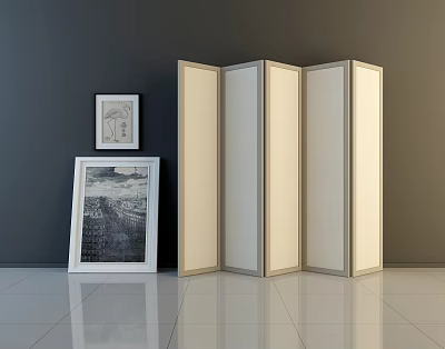 Light Colored Folding Screen With Framed Artworks Against Gray Wall And Reflective White Floor 3d model