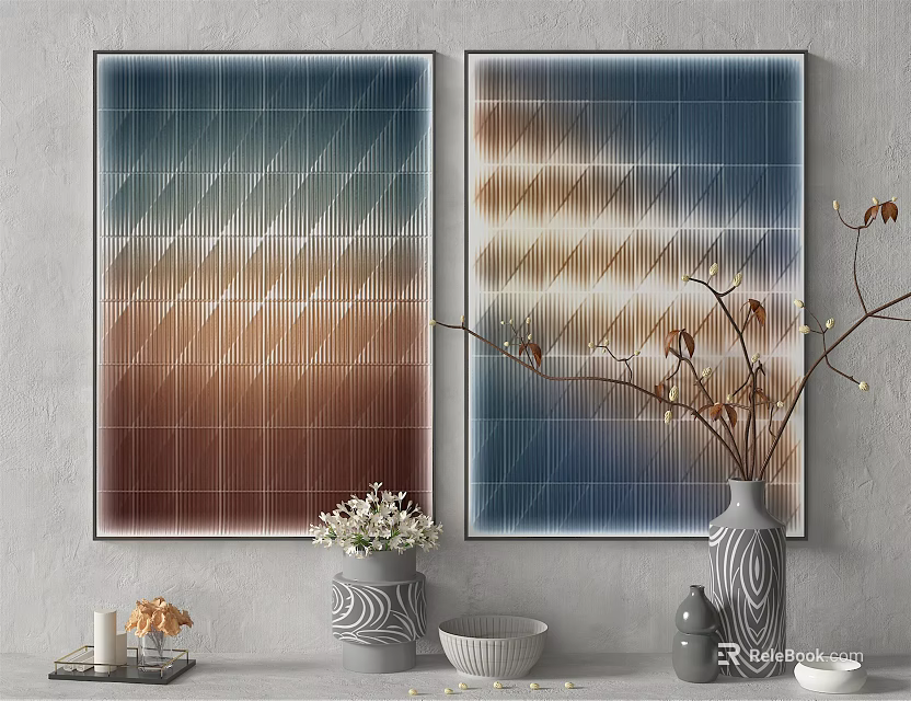 Geometric Pattern Wall Art with Gradient Colors Vase Plants and Modern Decor 3d model