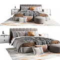 Modern Double Bed Setup With Gray Bedding Brown Pillows Nightstands And Stool On Rug 3d model