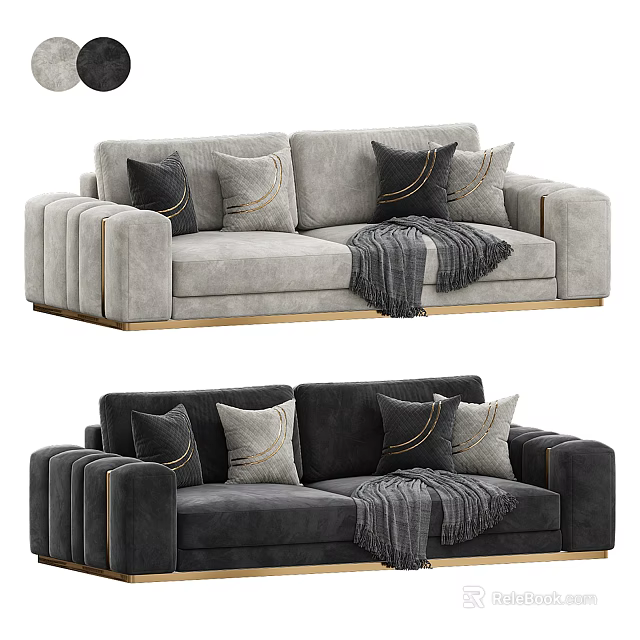 Light And Dark Gray Two-Seater Sofa With Golden Accents Cushions And Throw Blanket 3d model 