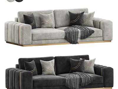Light And Dark Gray Two-Seater Sofa With Golden Accents Cushions And Throw Blanket 3d model