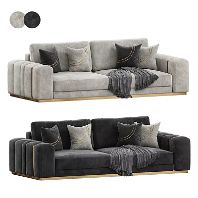 Light And Dark Gray Two-Seater Sofa With Golden Accents Cushions And Throw Blanket 3d model