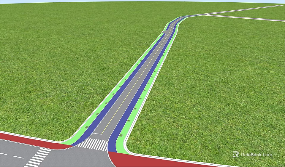 Winding Road Infrastructure with Blue Lane Green Area and Zebra Crossing in Grassland 3d model 
