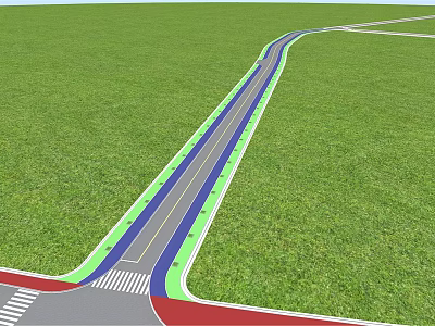 Winding Road Infrastructure with Blue Lane Green Area and Zebra Crossing in Grassland 3d model