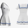 White Sailor Collar Short Sleeve Dress With Blue Stripes And Pleated Skirt