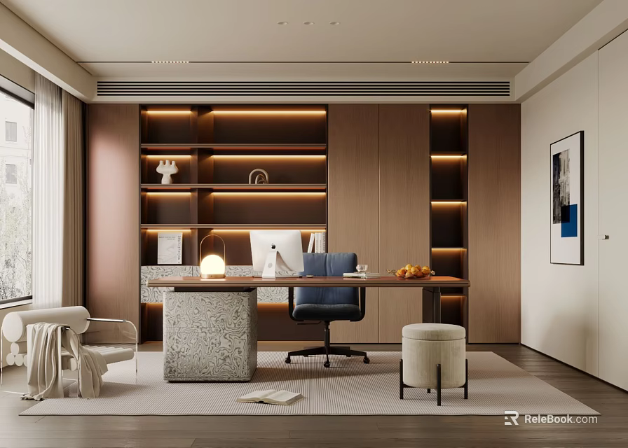 Modern Study Room Interior With Wooden Bookshelves Concrete Desk And Office Chair 3d model 
