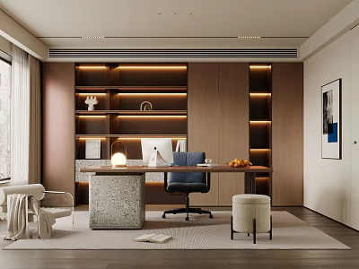 Modern Study Room Interior With Wooden Bookshelves Concrete Desk And Office Chair 3d model