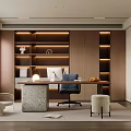 Modern Study Room Interior With Wooden Bookshelves Concrete Desk And Office Chair